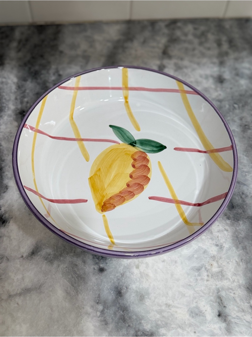 Pottery Barn Lemon Motif Ceramic Serving Bowl - Purple Rim